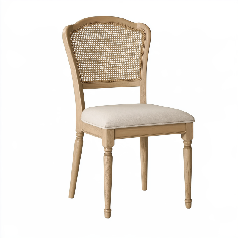 Chaise de salle à manger 49 x 55 x 96 cm en bois naturel et cannage avec assise tissu écru style classique