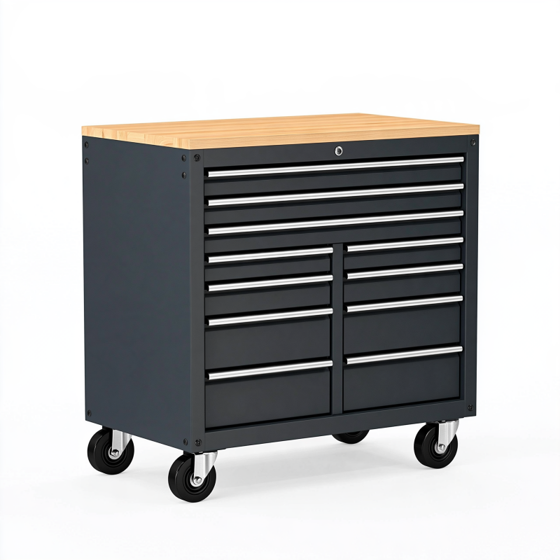 Servante d'atelier 120 x 60 x 90 cm en acier noir avec plateau en bois à 12 tiroirs sur roulettes