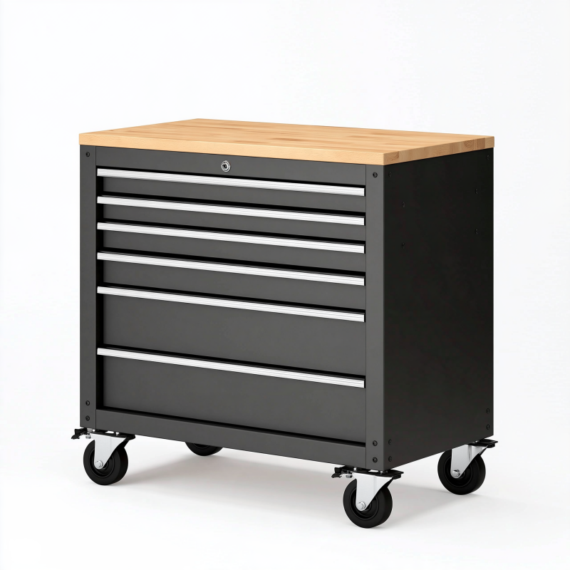 Servante d atelier 77 x 46 x 97 cm en acier noir avec plan de travail en bois et 7 tiroirs sur roulettes