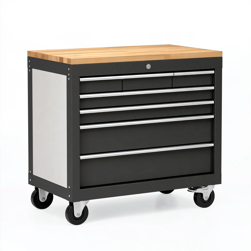 Servante d'atelier 100 x 50 x 95 cm en acier noir avec plateau en bois à roulettes