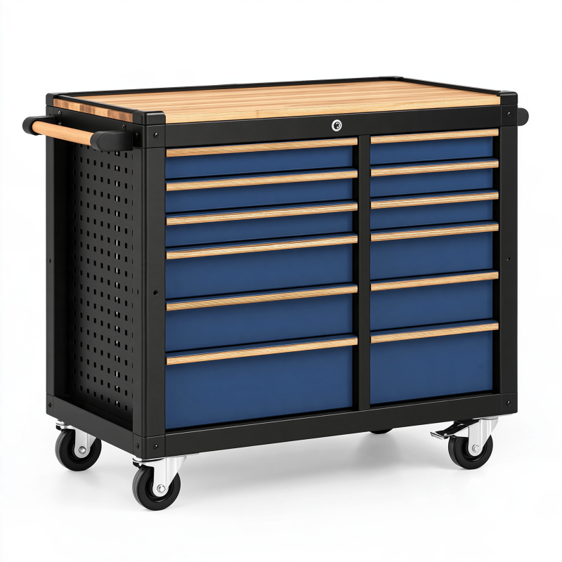 Servante d atelier 80 x 45 x 92 cm en acier bambou noir bleu à roulettes avec tiroirs