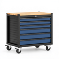 Servante d atelier 85 x 46 x 97 cm en acier noir bleu avec plan de travail en bois et 6 tiroirs sur roulettes