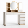 Coiffeuse 120 x 50 x 150 cm en panneaux de bois blanc et bois clair avec miroir rond et rangements