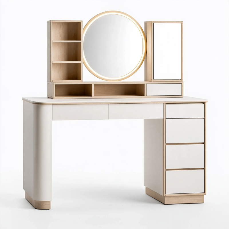 Coiffeuse 120 x 50 x 150 cm en panneaux de bois blanc et bois clair avec miroir rond et rangements