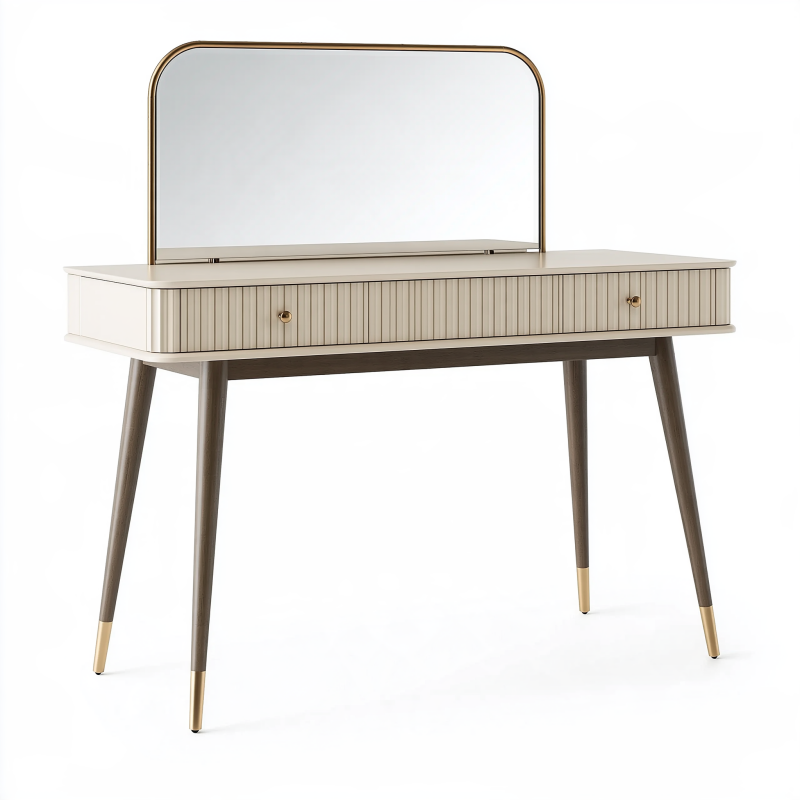 Coiffeuse 120 cm en bois beige avec miroir et 2 tiroirs style moderne