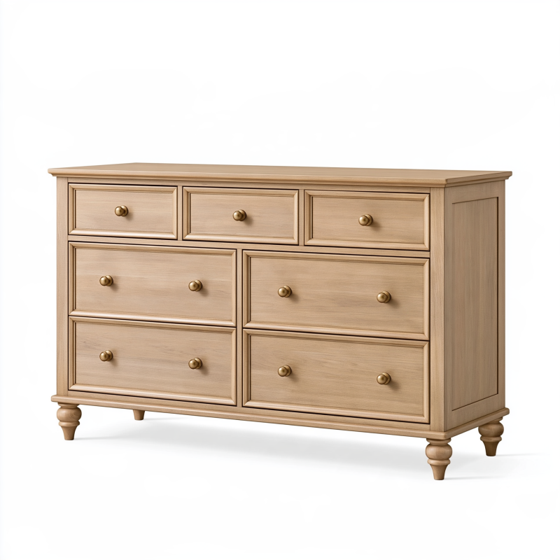 Commode 160 x 45 x 90 cm en bois beige avec 7 tiroirs style classique