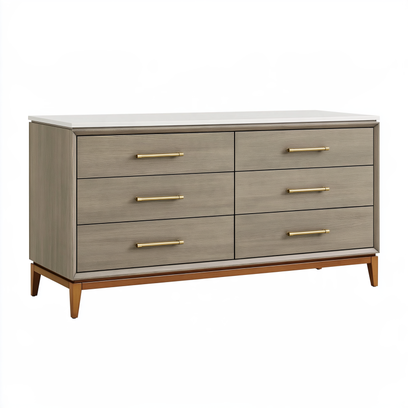 Commode 160 cm en panneaux dérivés du bois gris avec 6 tiroirs style contemporain