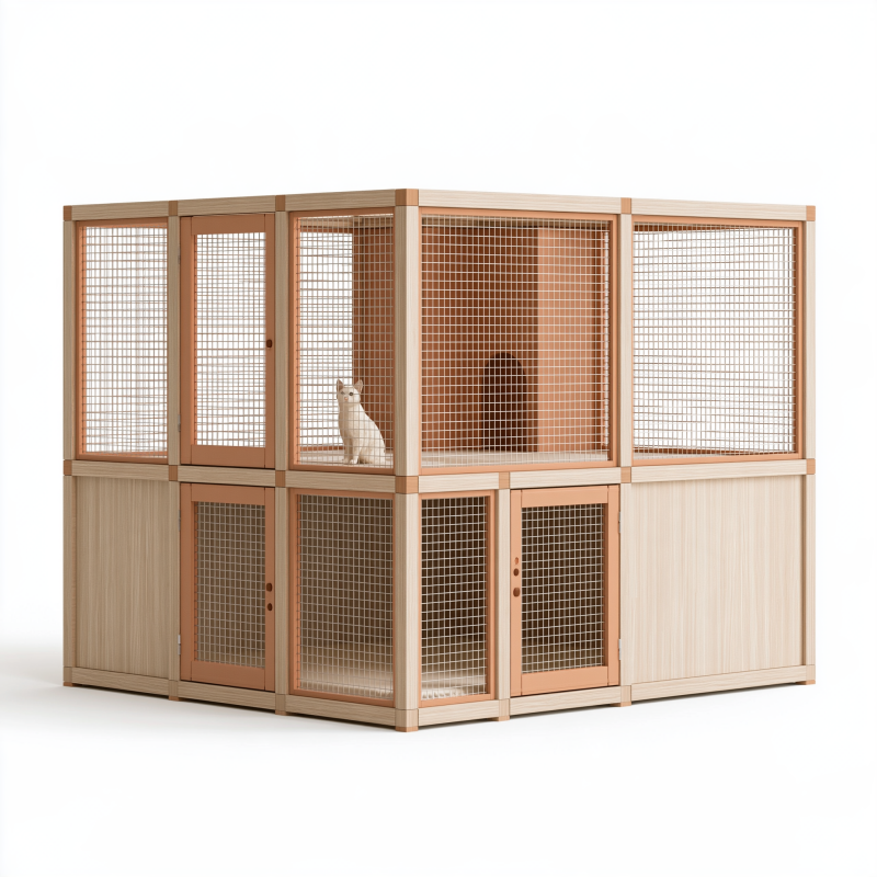 Enclos pour chat 240 x 80 x 180 cm en bois beige et métal terracotta à portes grillagées