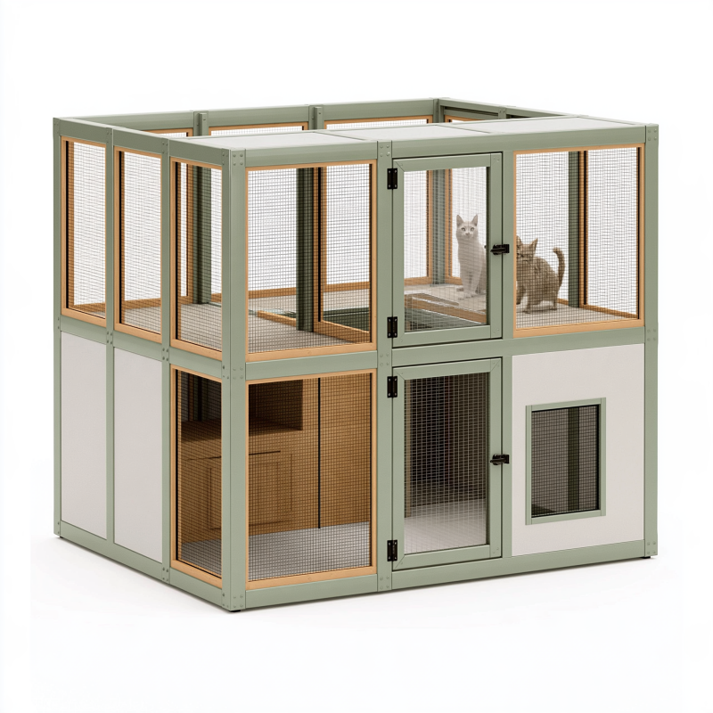Enclos pour chat 120 x 80 x 120 cm vert en métal et bois avec grillage à deux niveaux