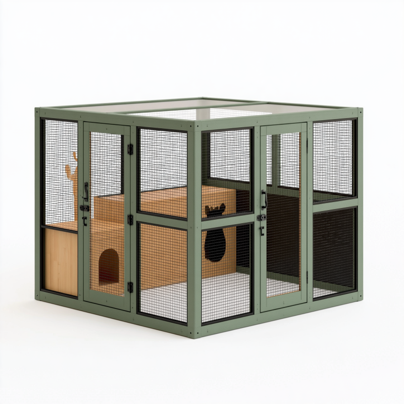 Enclos pour chat 120 x 80 x 100 cm en métal et bois vert avec panneaux grillagés